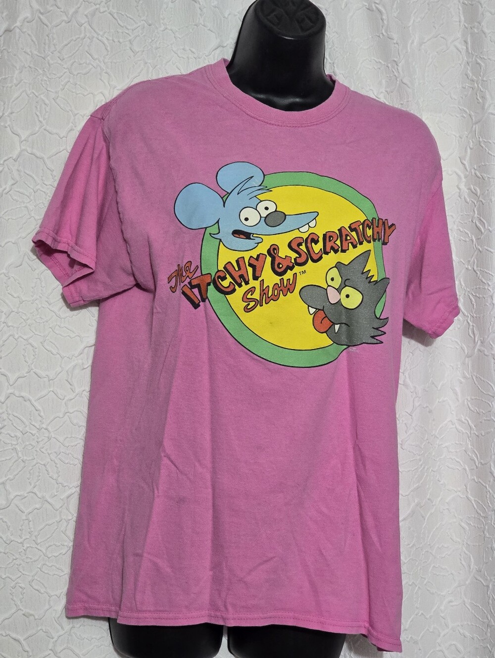 Unisex Adult The Simpsons The Itchy & Scratchy Show Logo SS Pink TShirt Medium
